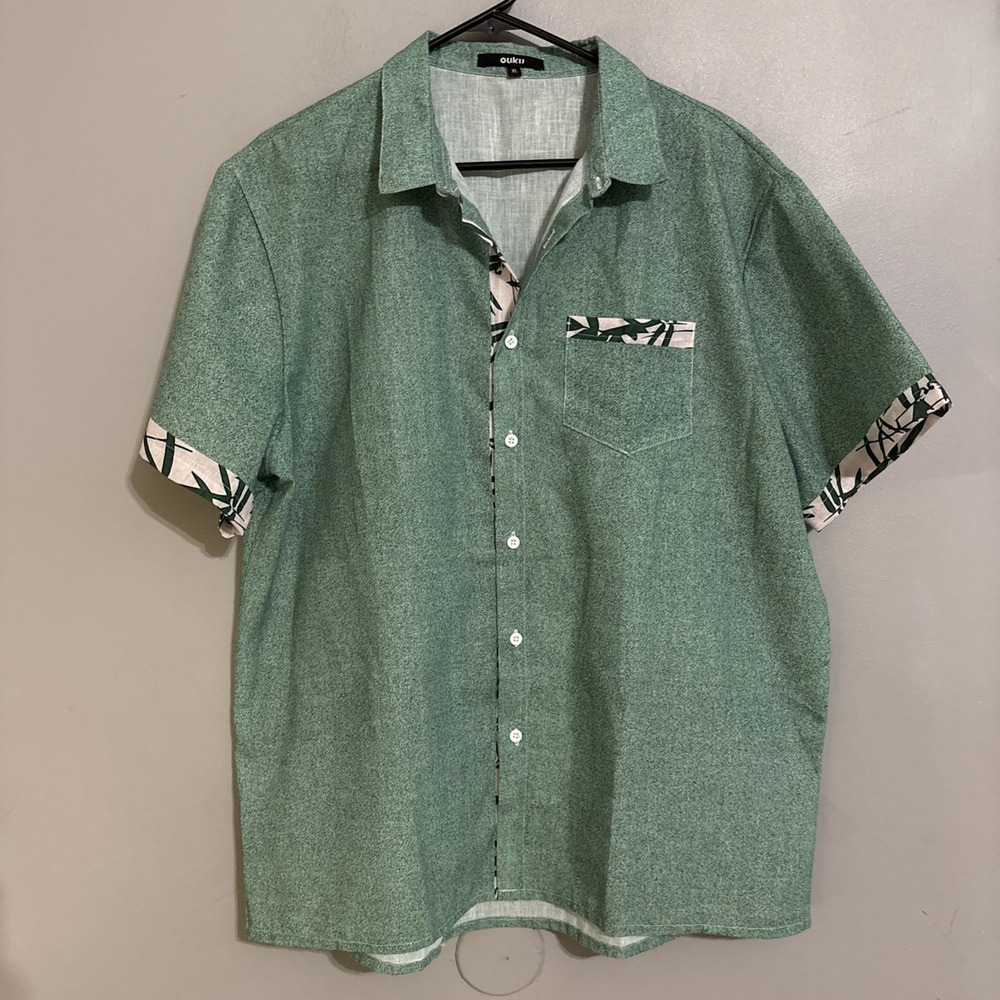 Ouku Mens 2 XL Grenn Tropical Button Up Casual Shirt Beach Vacation